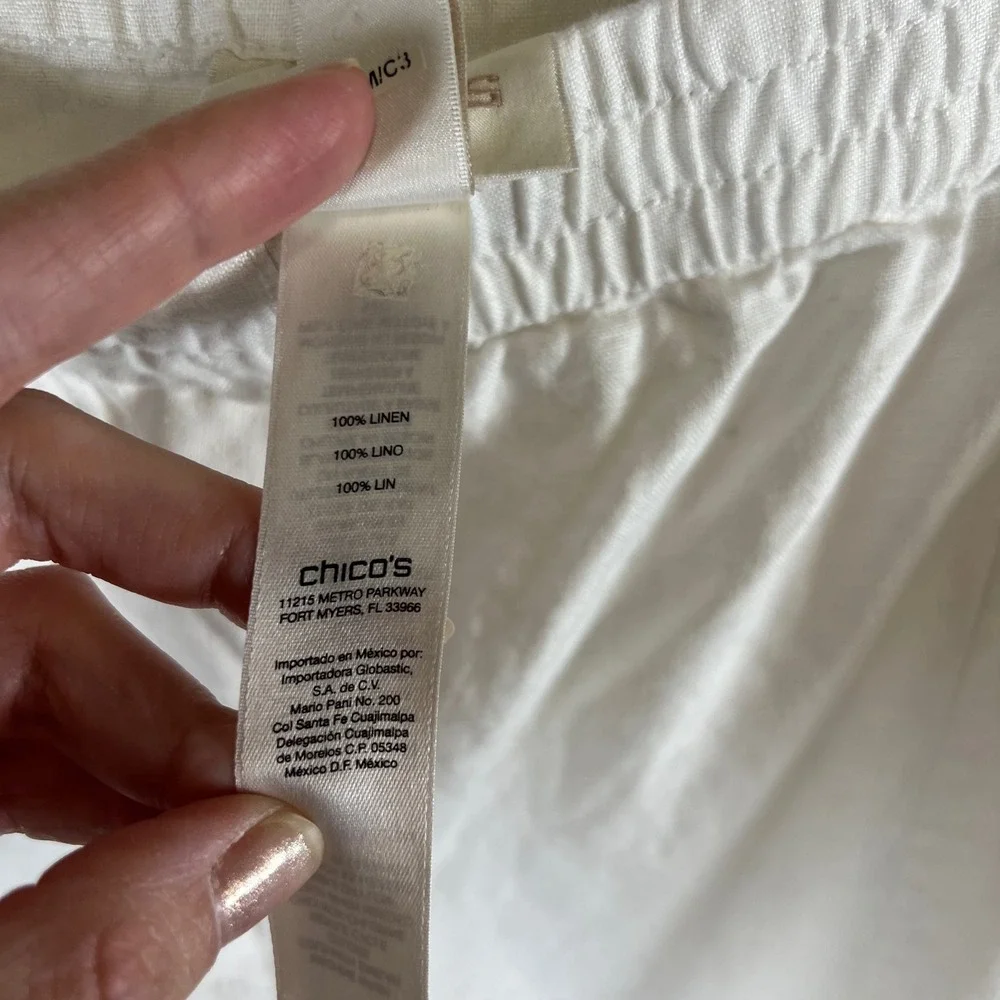 Chicos White 100% Linen Elastic Waist Straight Leg‎ Pants Womens Size 3.5 XL 18